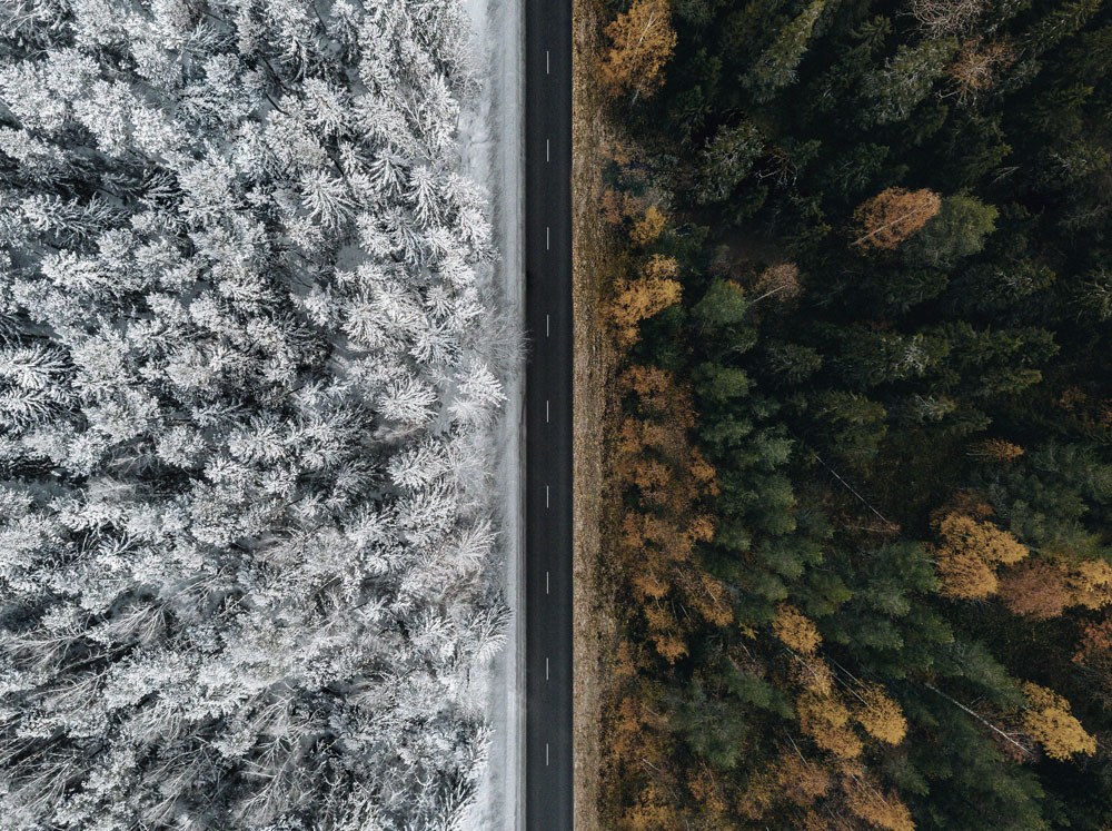 An aerial view of a road dividing a snow-covered forest from an autumn forest